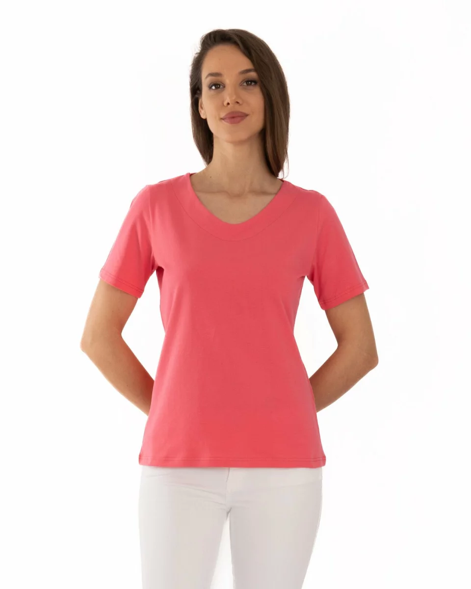 Tricou roz din bumbac elastan cu decolteu conturat