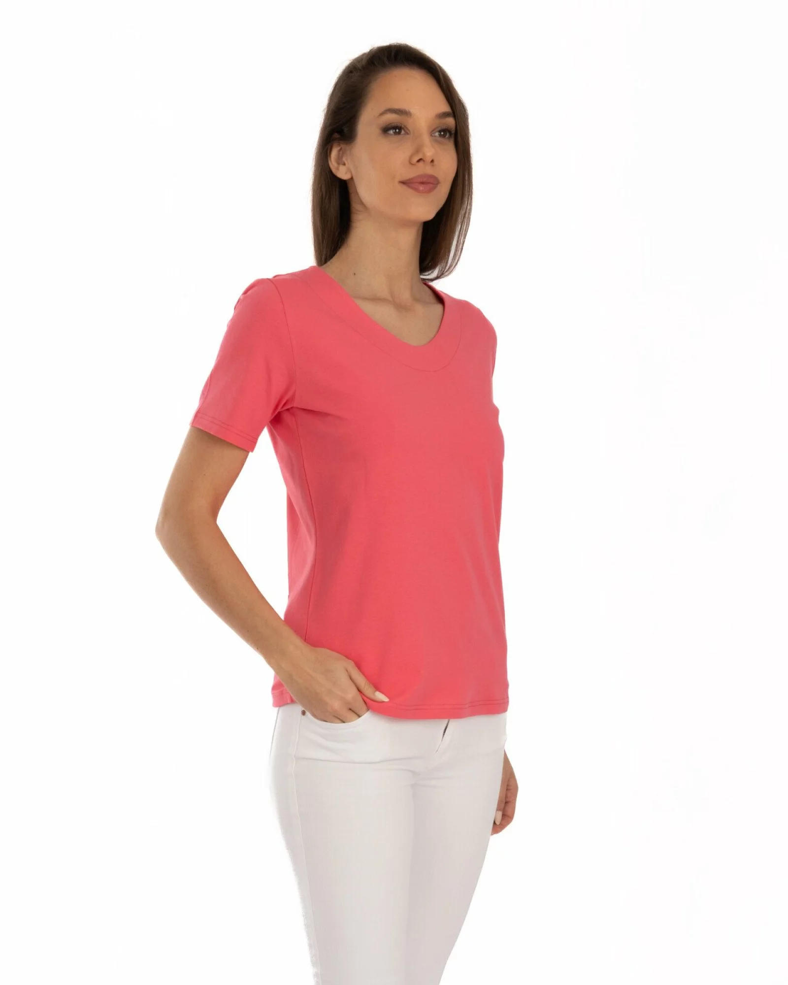 Tricou roz din bumbac elastan cu decolteu conturat