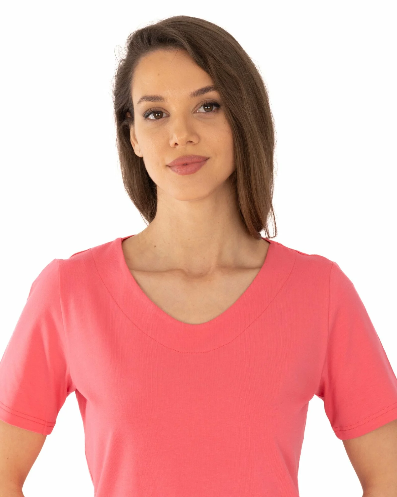Tricou roz din bumbac elastan cu decolteu conturat