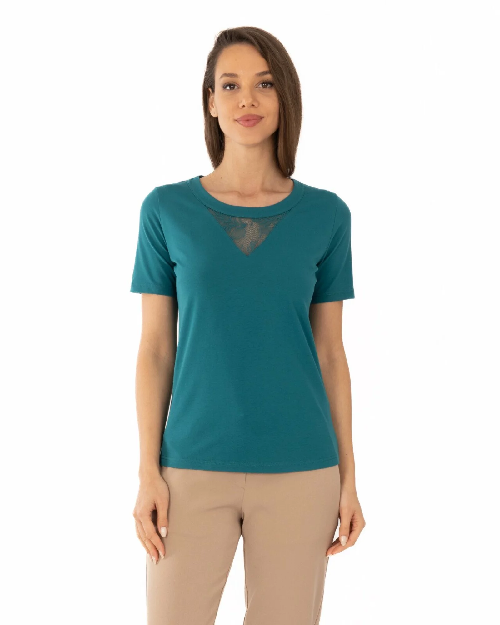 Tricou damă bumbac cu lycra – detaliu dantelă, elegant