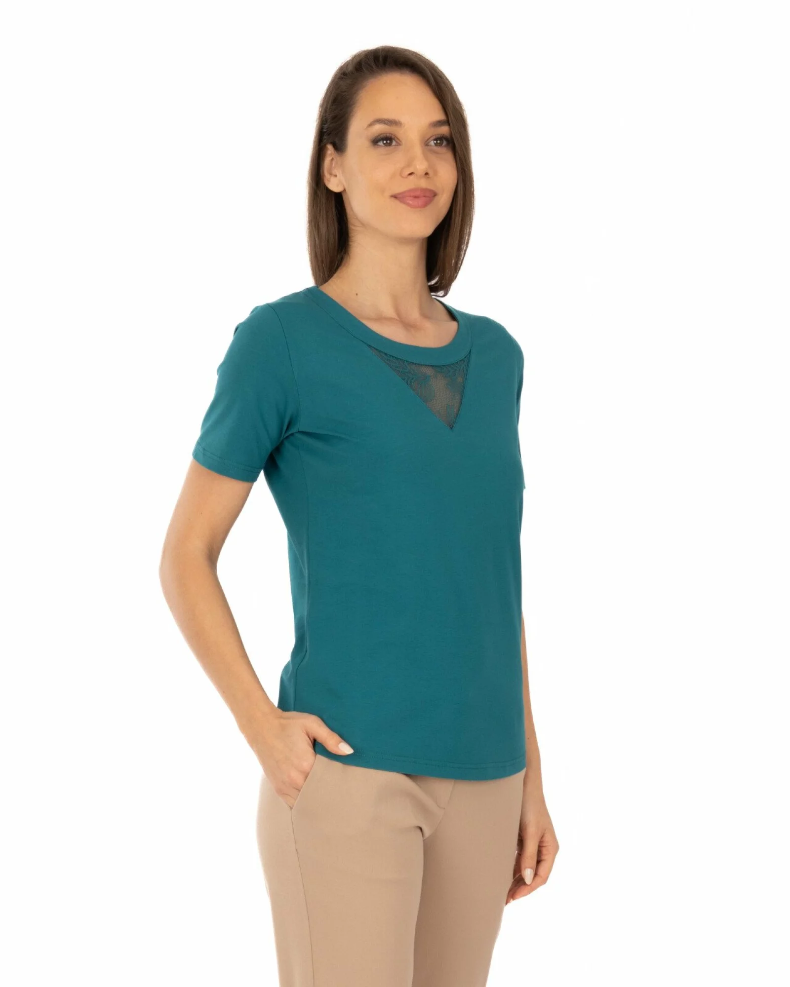 Tricou damă bumbac cu lycra – detaliu dantelă, elegant