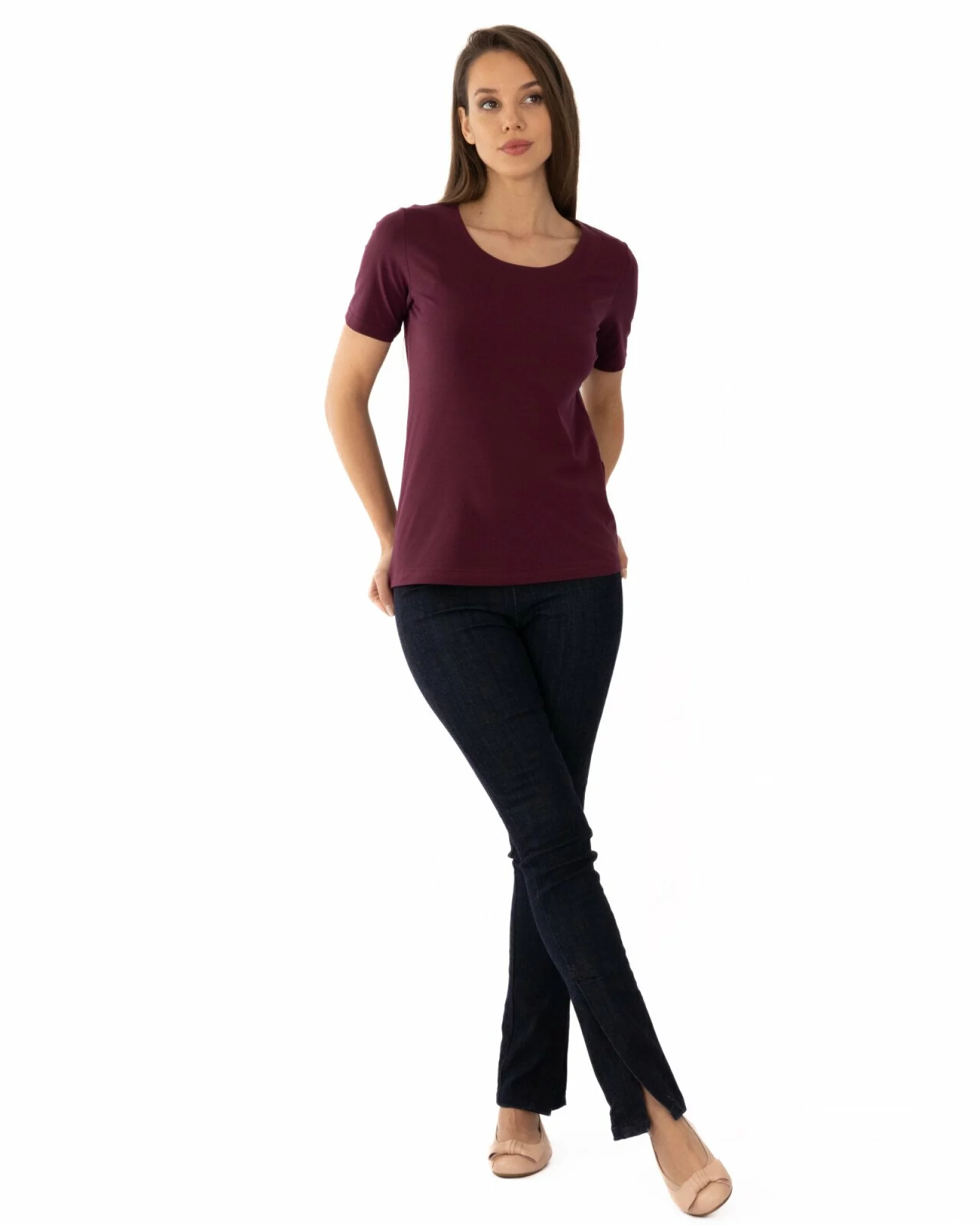 Tricou mov prună din bumbac elastan cu decolteu conturat