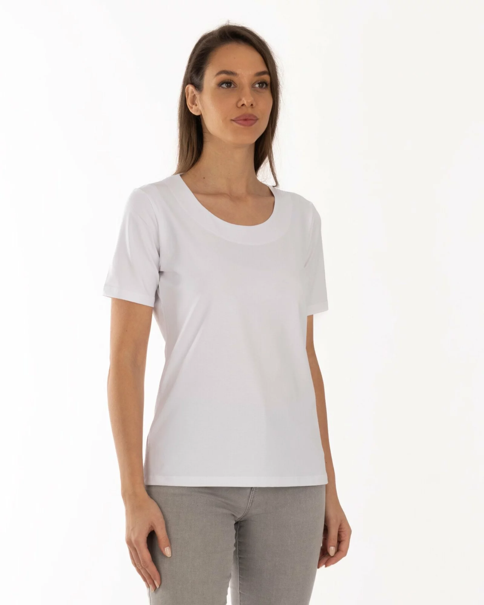 Tricou alb din bumbac elastan cu decolteu conturat