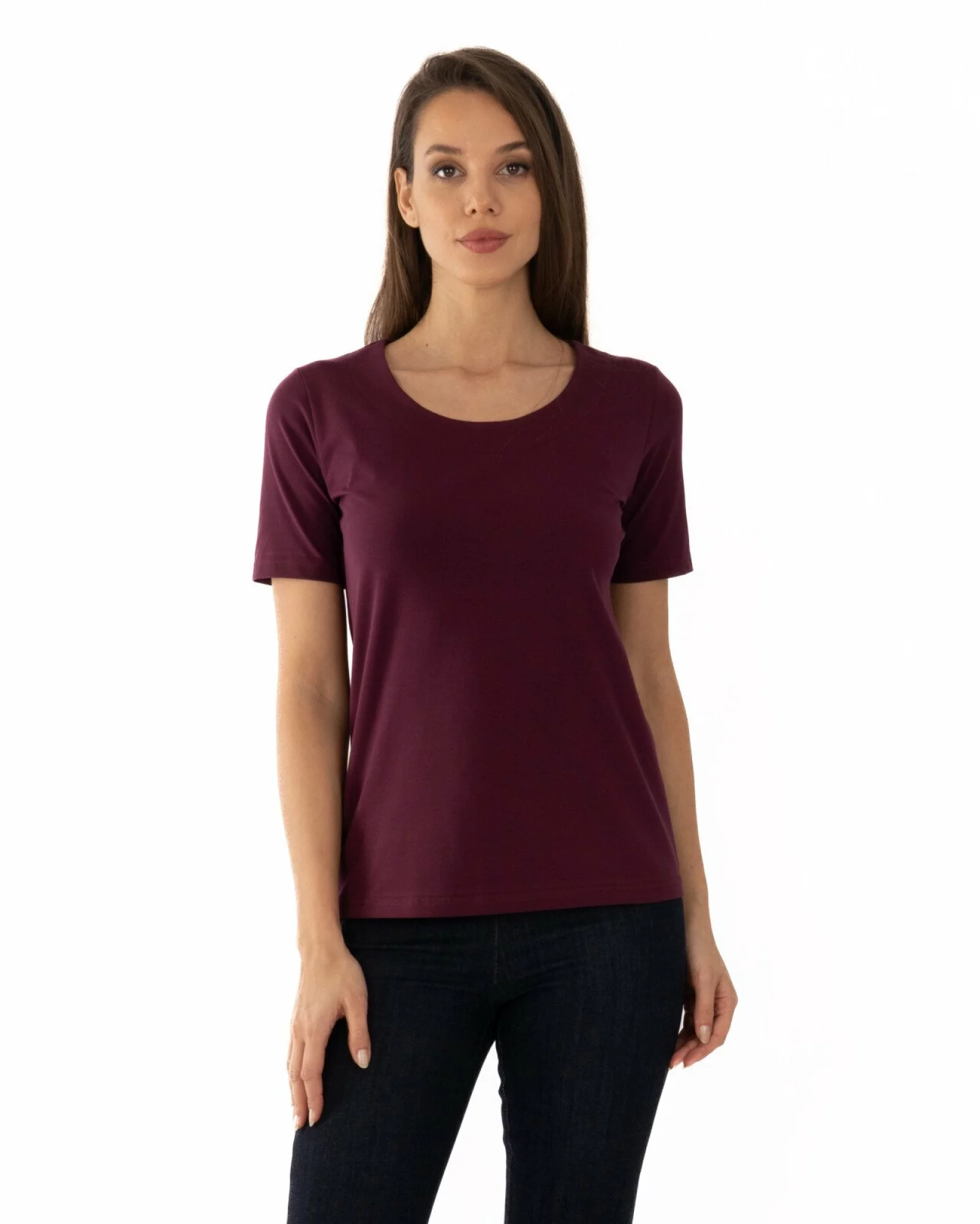 Tricou mov prună din bumbac elastan cu decolteu conturat