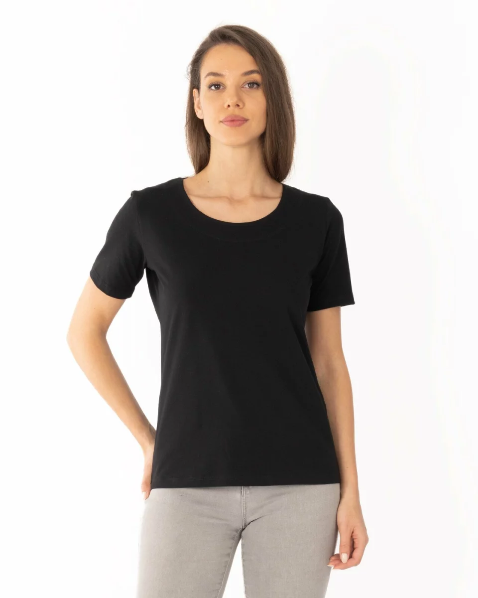 Tricou negru din bumbac elastan cu decolteu conturat