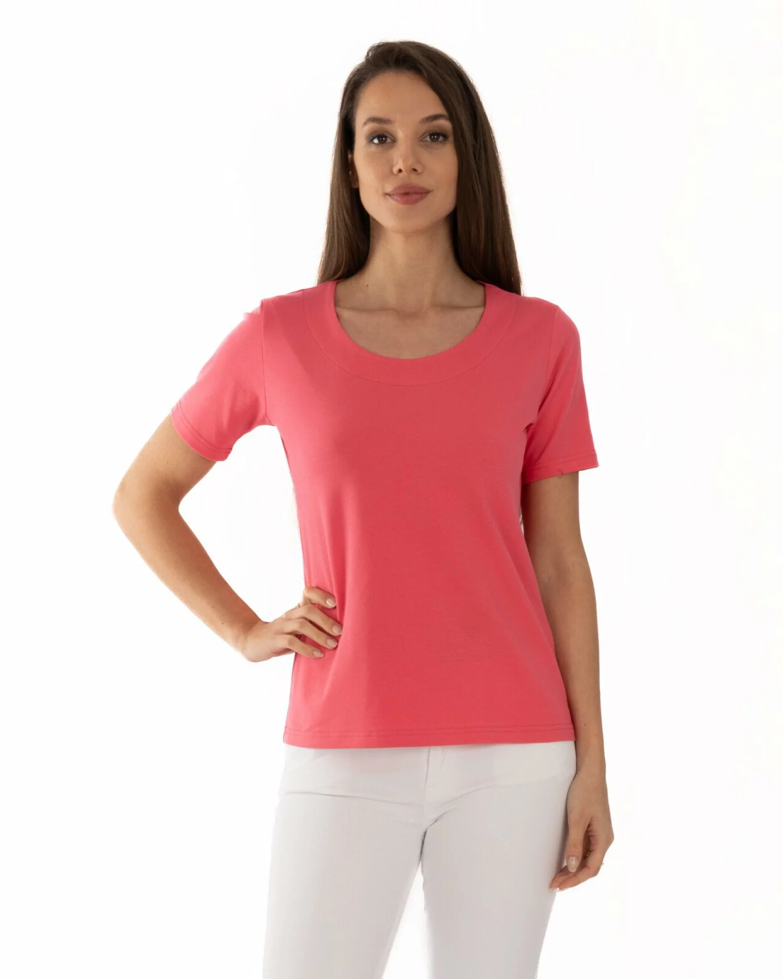 Tricou roz coral din bumbac elastan cu decolteu conturat