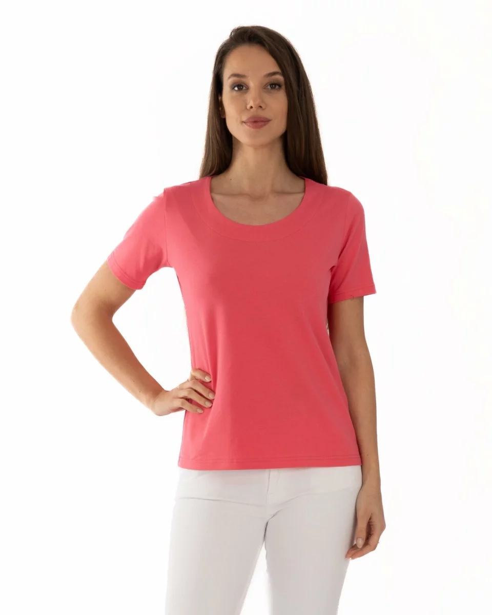 Tricou roz coral din bumbac elastan cu decolteu conturat