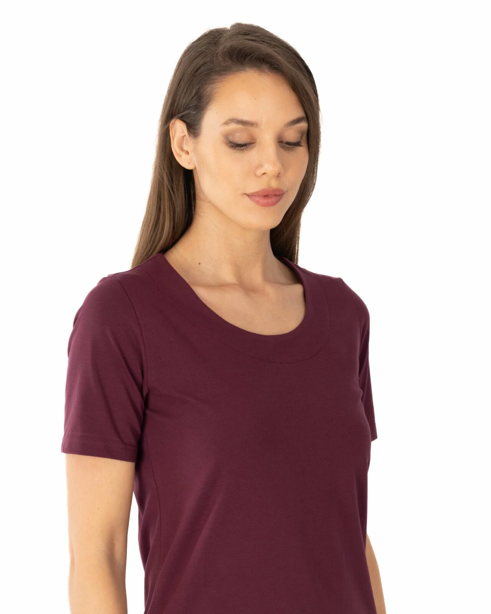 Tricou mov prună din bumbac elastan cu decolteu conturat