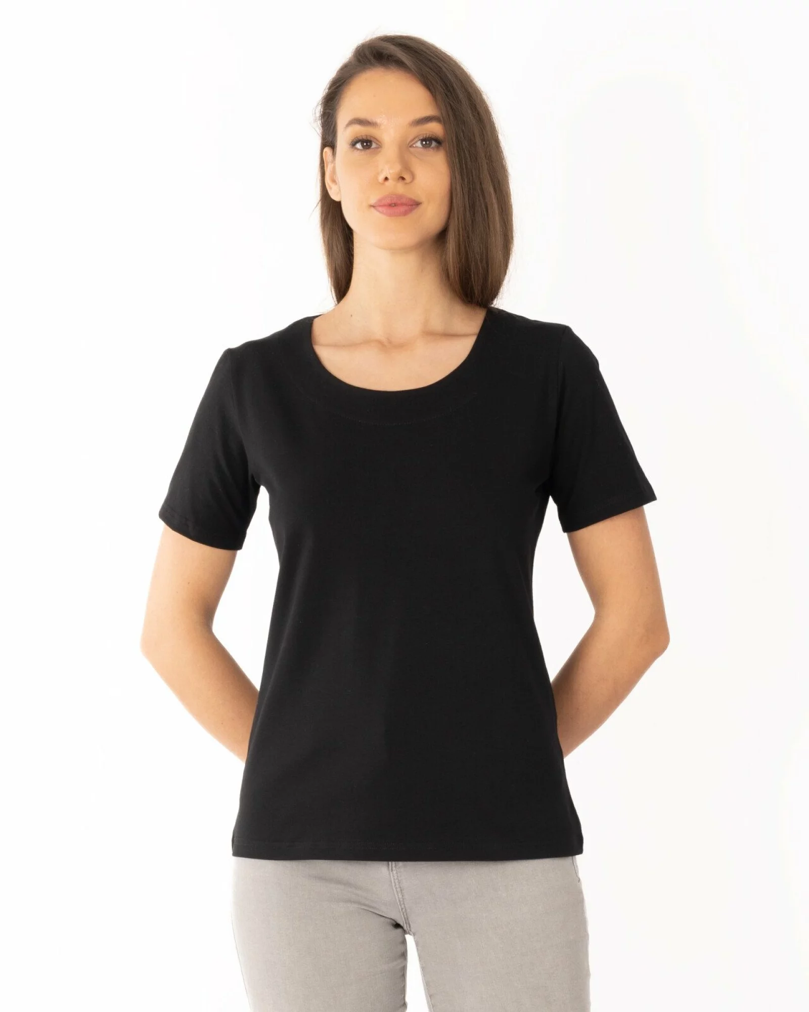 Tricou negru din bumbac elastan cu decolteu conturat