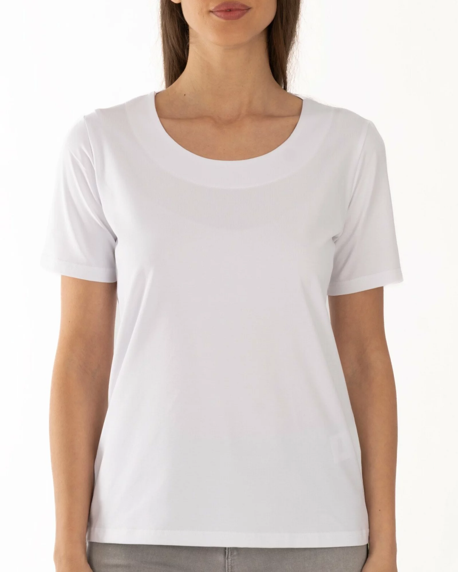 Tricou alb din bumbac elastan cu decolteu conturat
