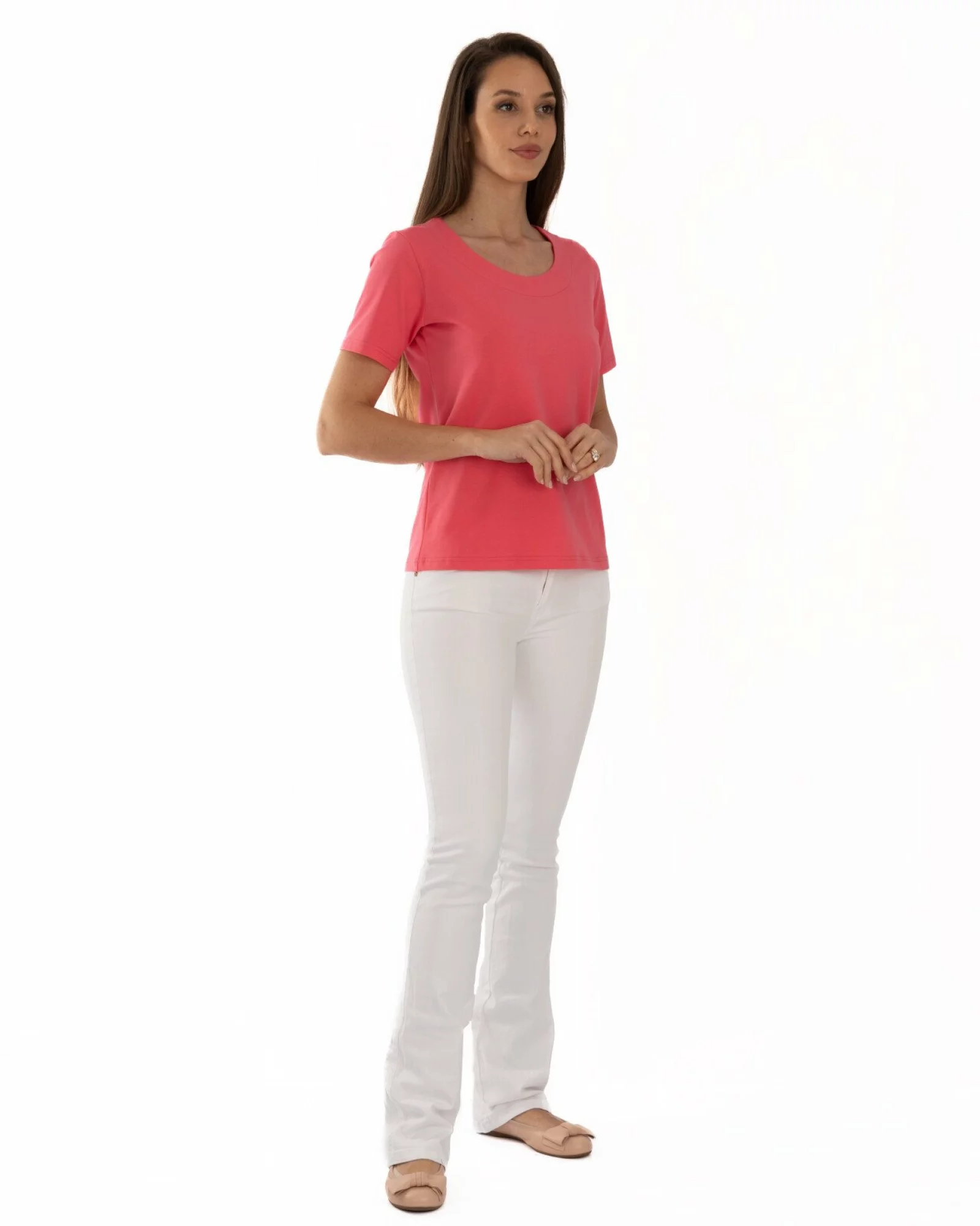 Tricou roz coral din bumbac elastan cu decolteu conturat