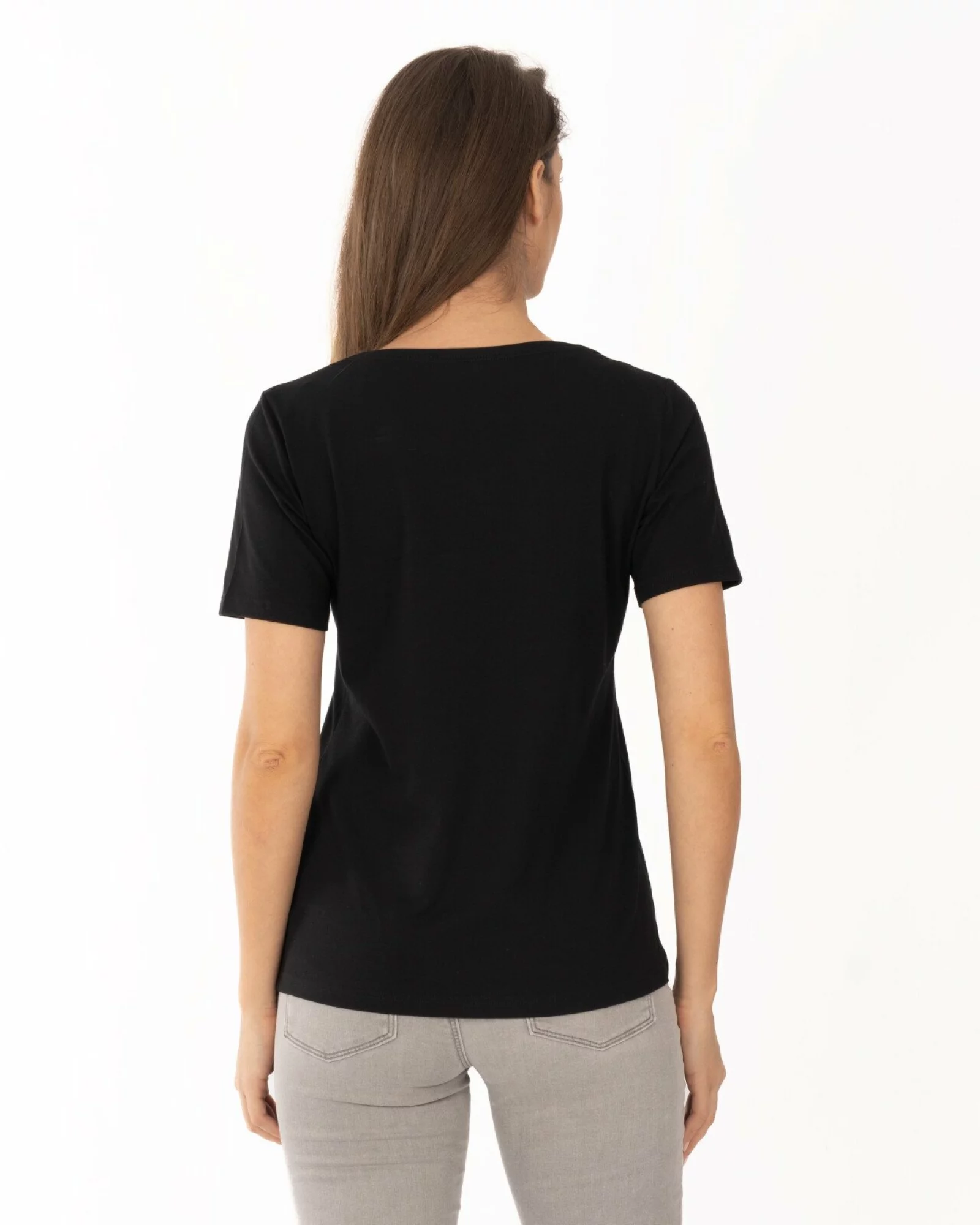 Tricou negru din bumbac elastan cu decolteu conturat