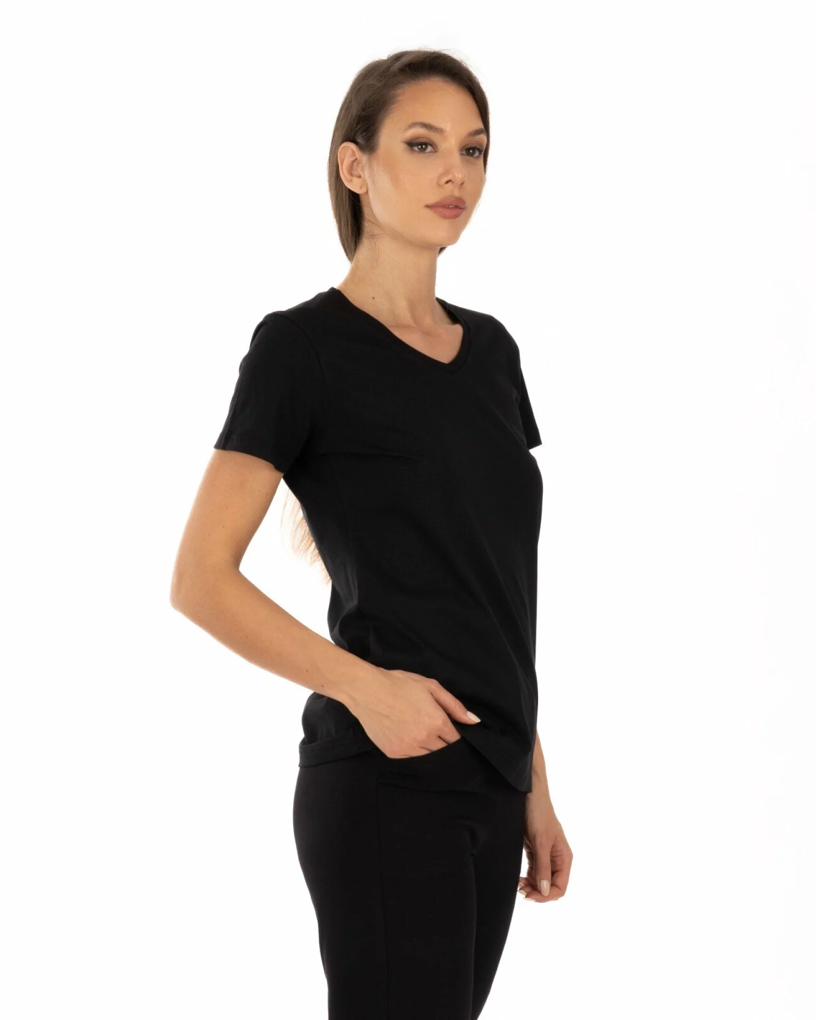 Tricou negru bumbac cu decolteu V