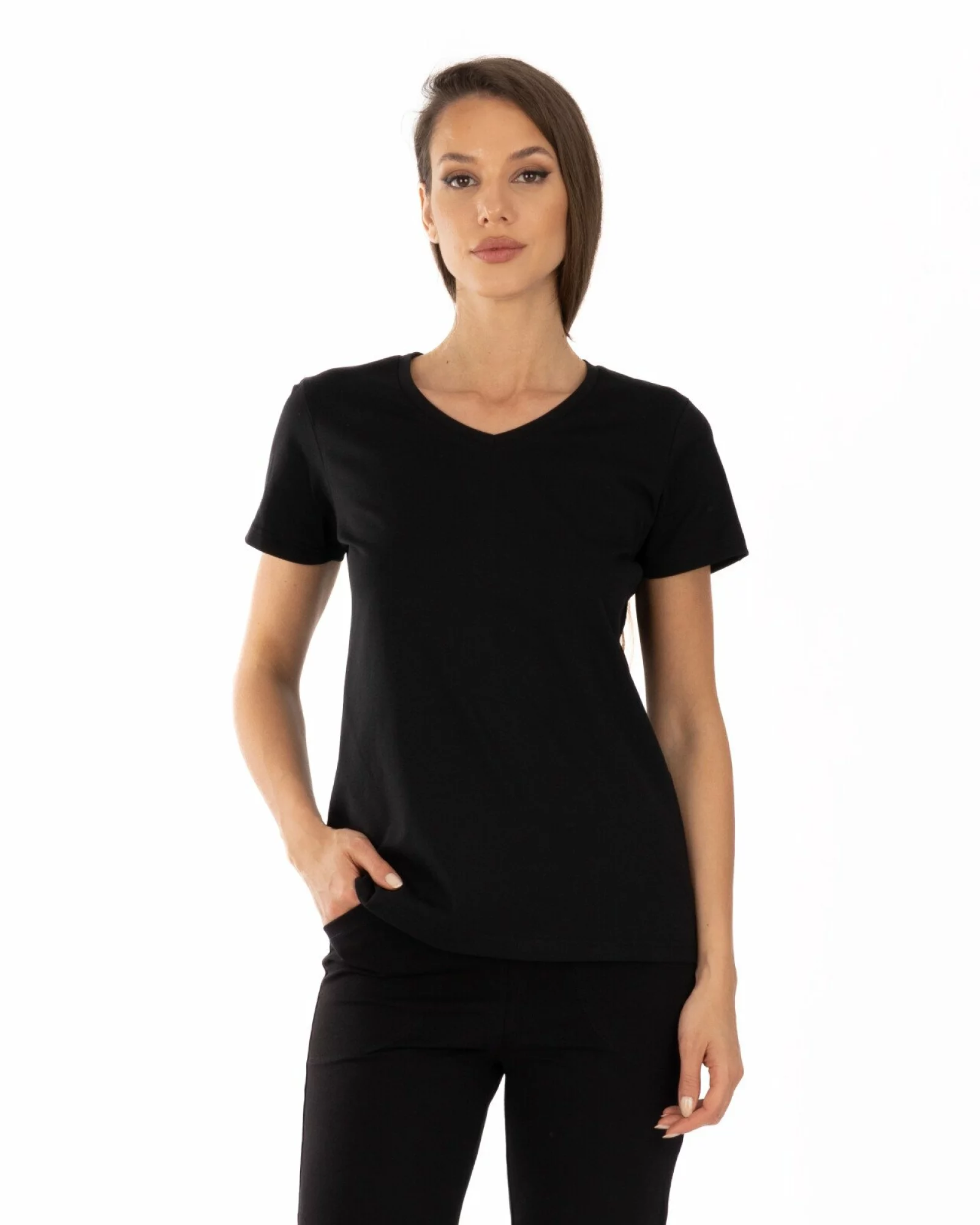 Tricou negru bumbac cu decolteu V