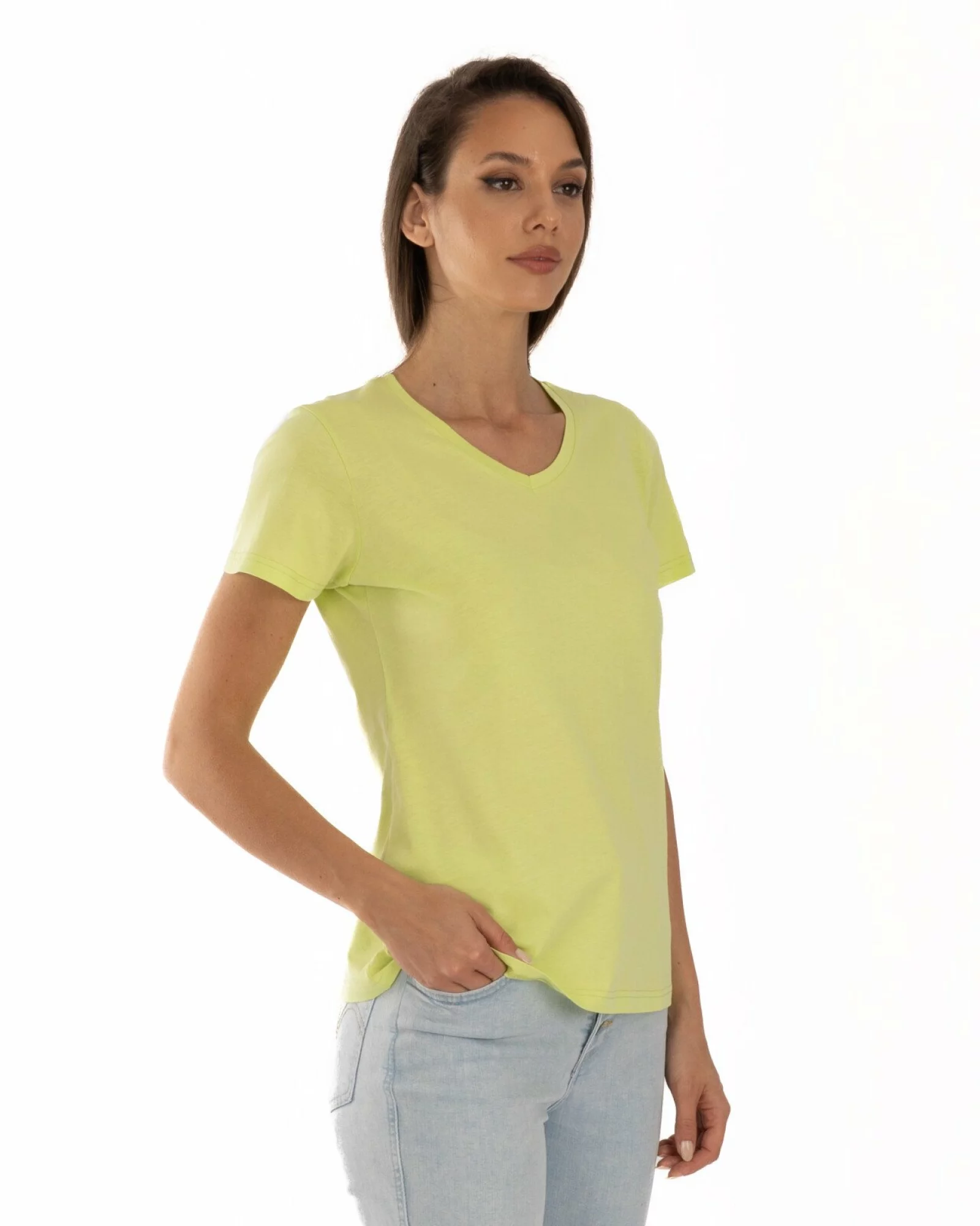 Tricou verde lime bumbac cu decolteu V