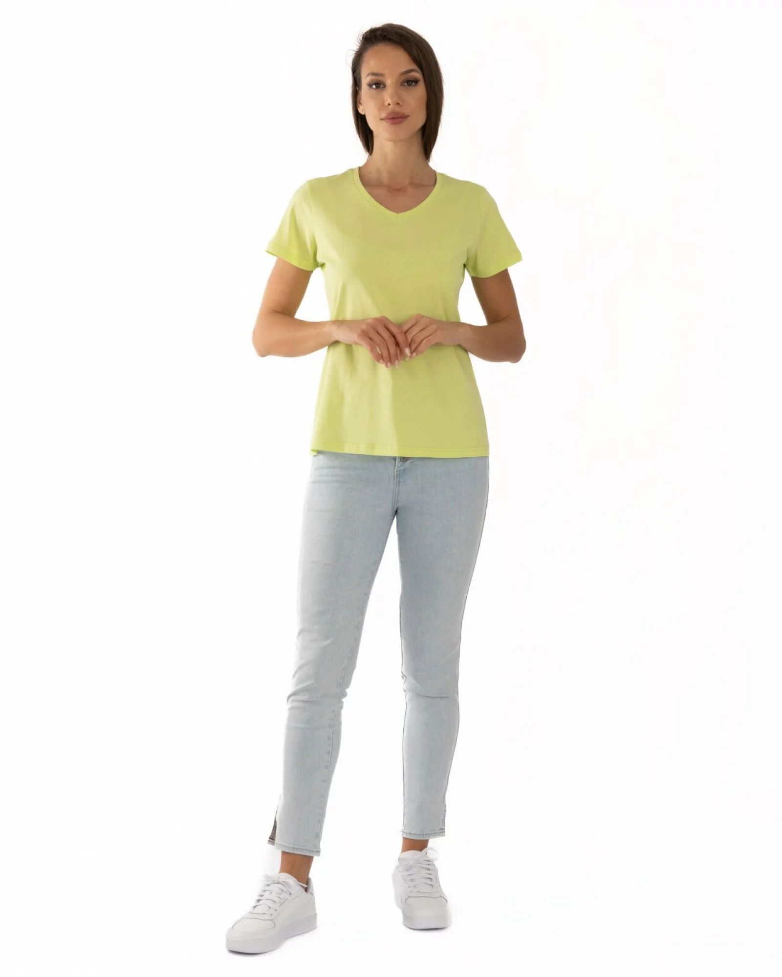 Tricou verde lime bumbac cu decolteu V
