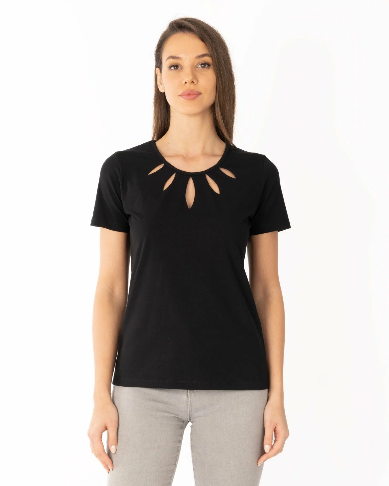 Tricou negru bumbac elastan cu decupaj la decolteu