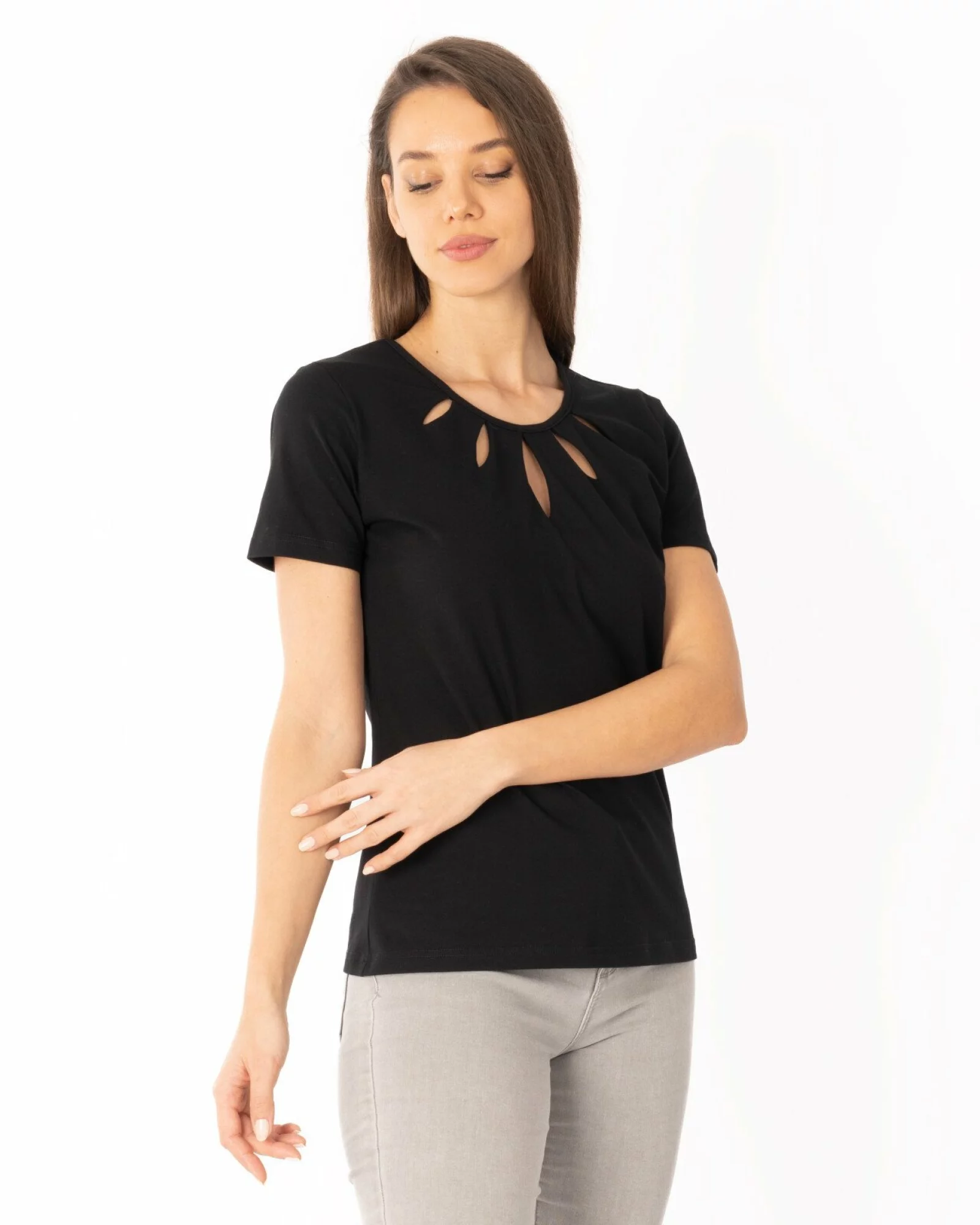 Tricou negru bumbac elastan cu decupaj la decolteu