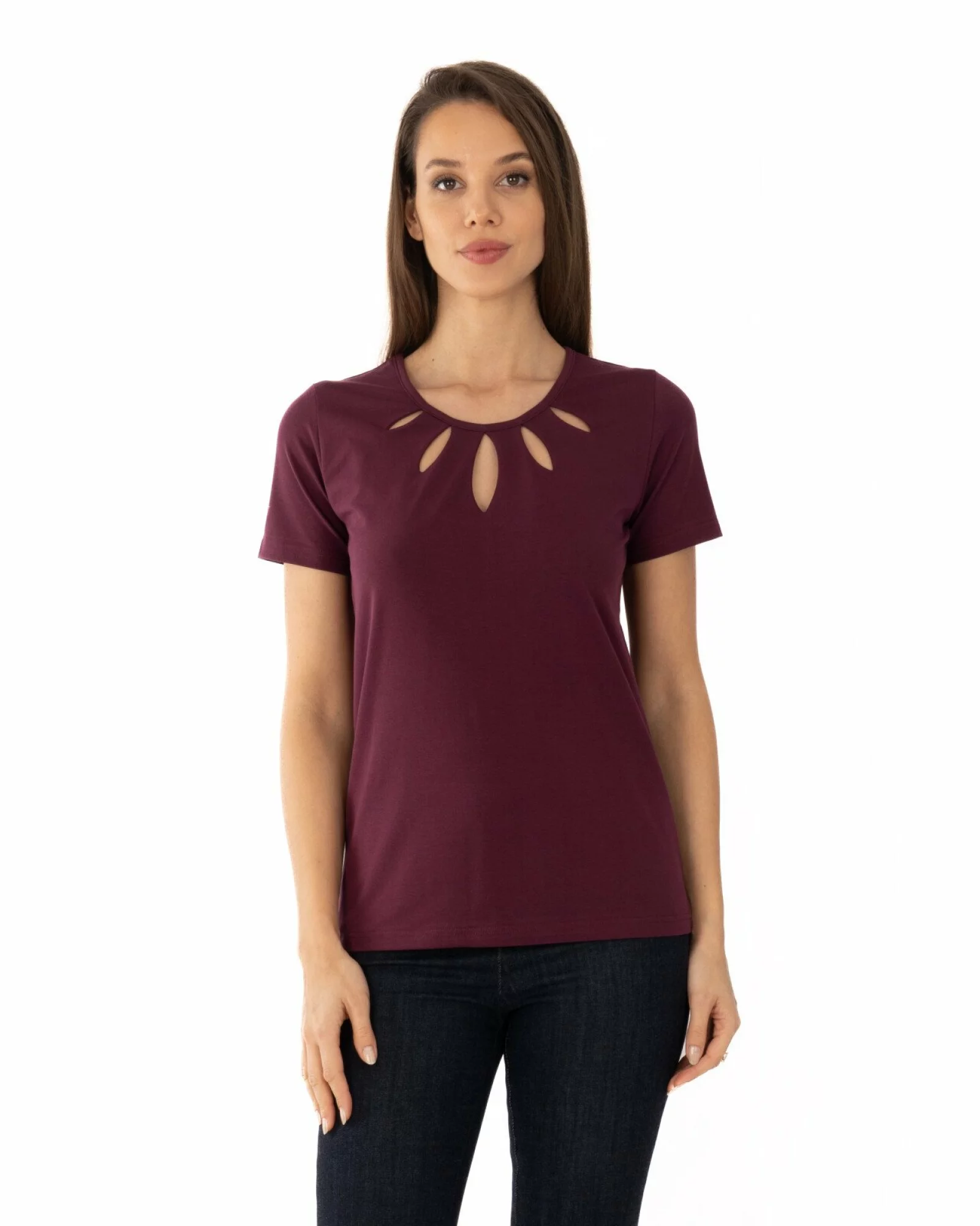 Tricou mov prună bumbac elastan cu decupaj la decolteu