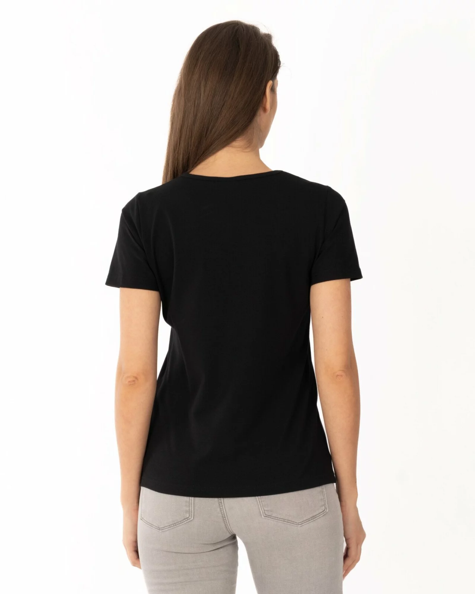 Tricou negru bumbac elastan cu decupaj la decolteu