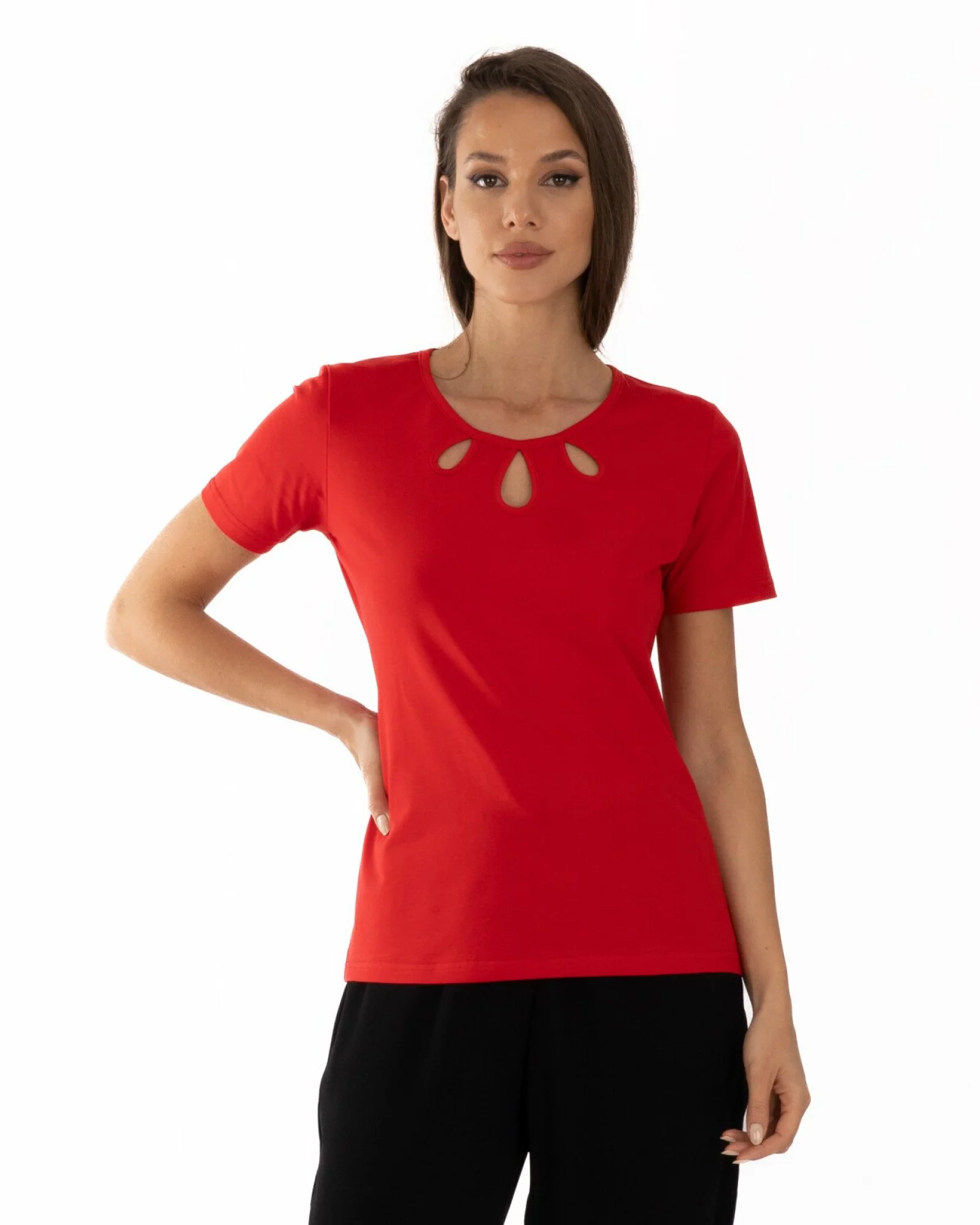 Tricou roșu bumbac elastan cu decupaj la decolteu