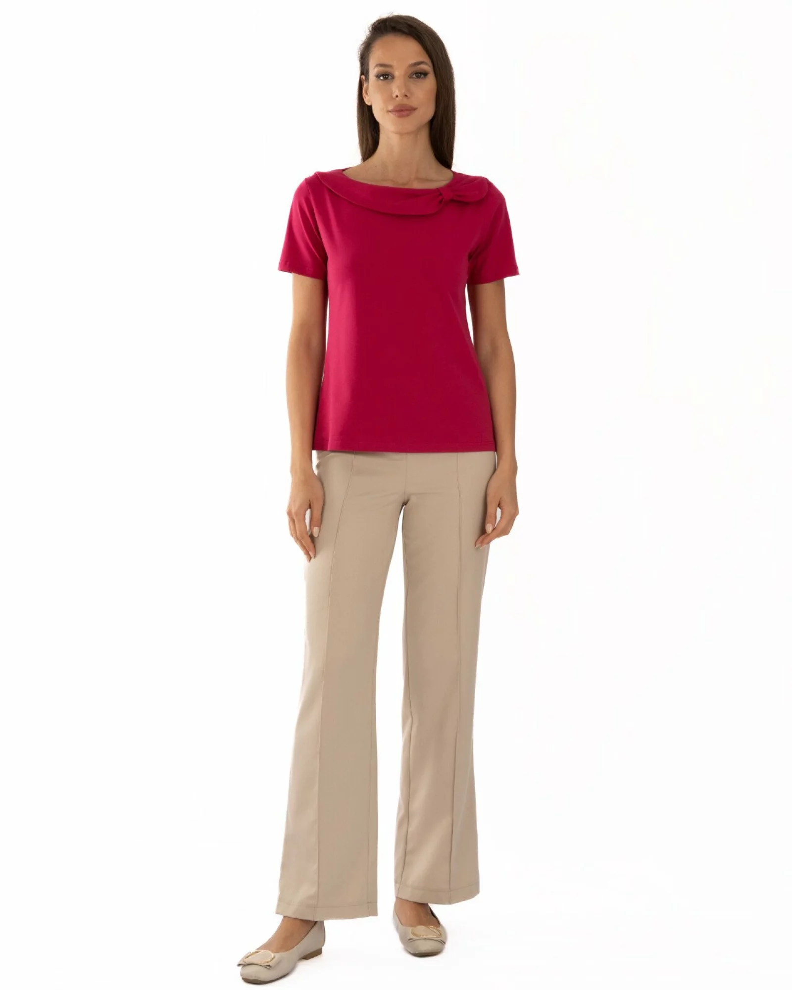 Tricou damă cu guler drapat și detaliu decorativ