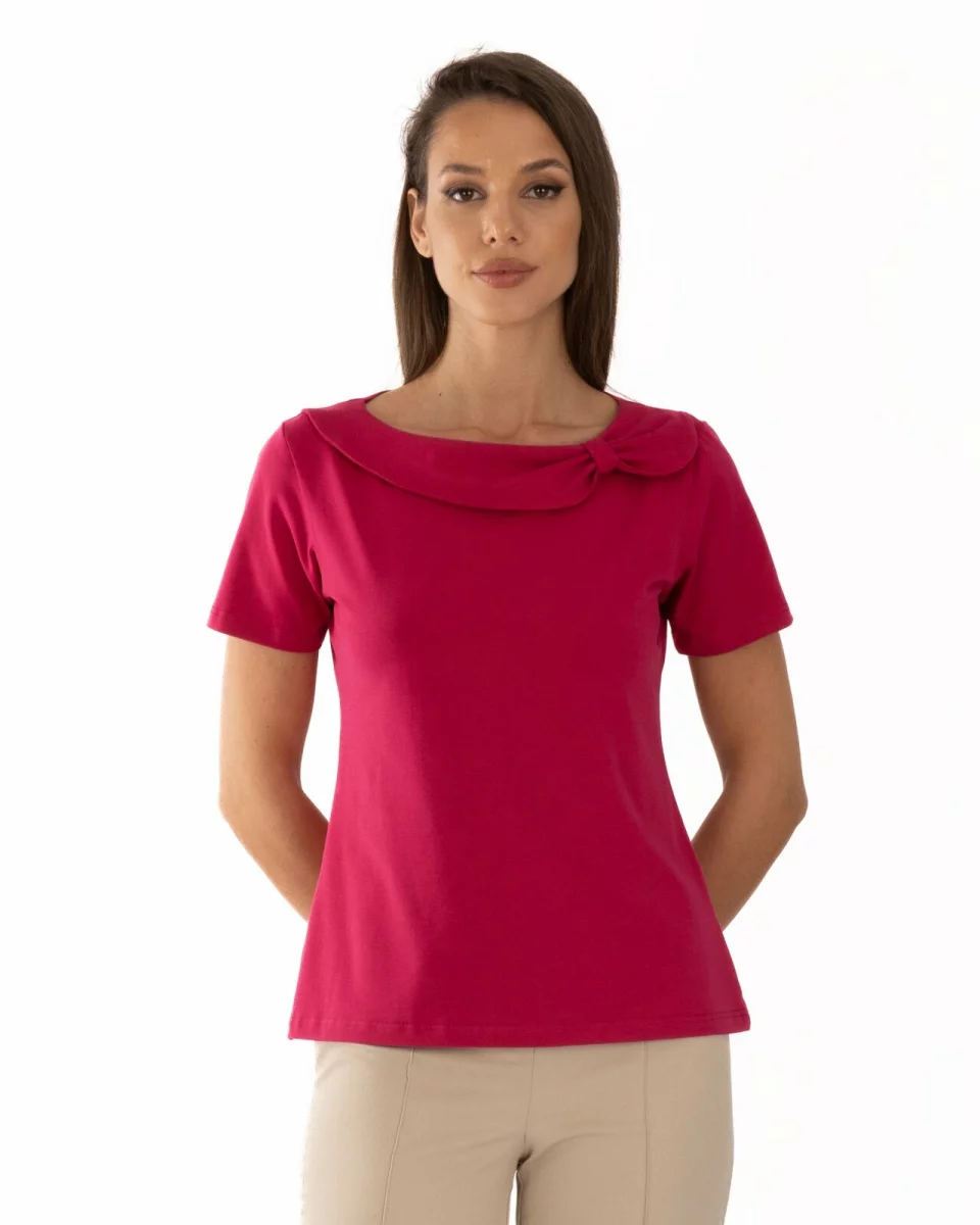 Tricou damă cu guler drapat și detaliu decorativ