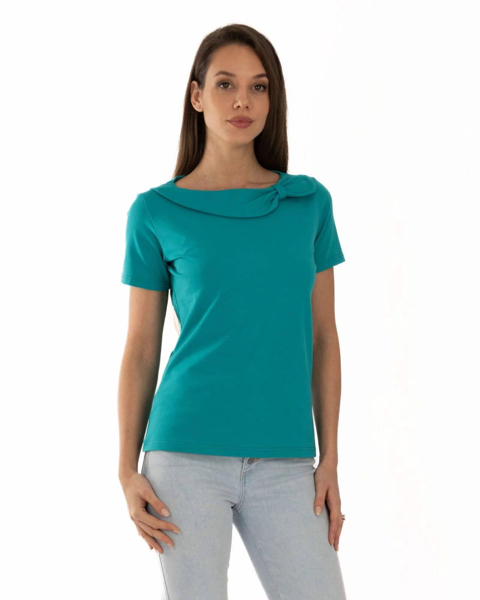 Tricou damă cu guler drapat și detaliu decorativ