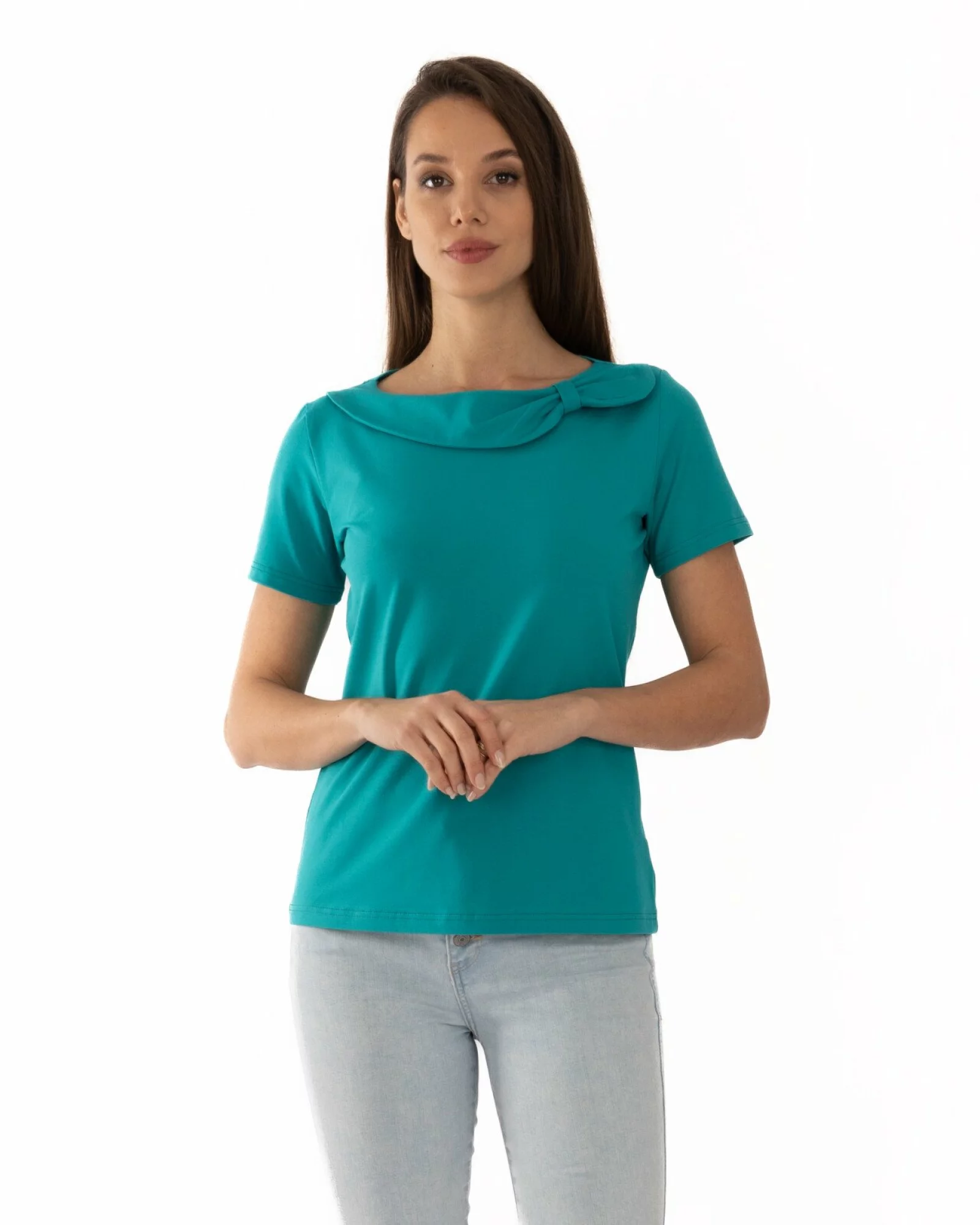 Tricou damă cu guler drapat și detaliu decorativ