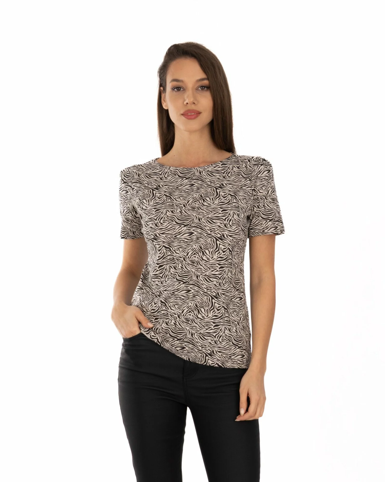 Tricou crem bumbac elastan cu animal print