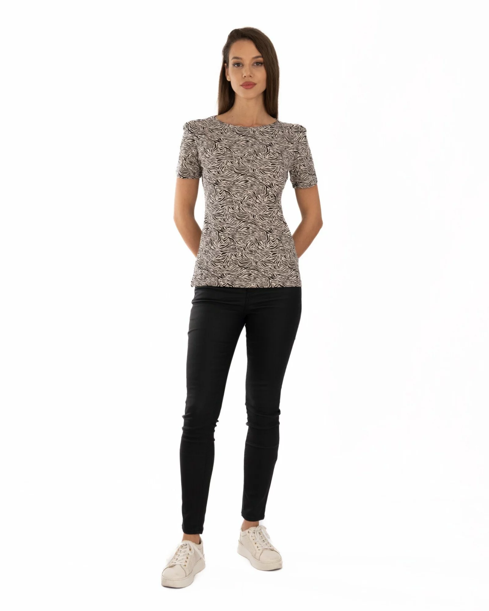 Tricou crem bumbac elastan cu animal print