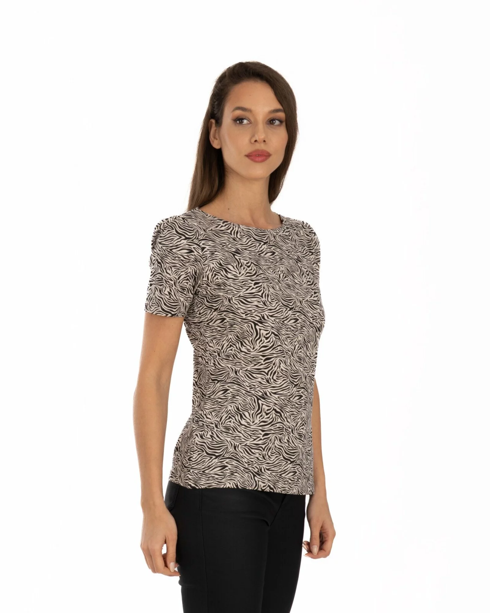 Tricou crem bumbac elastan cu animal print
