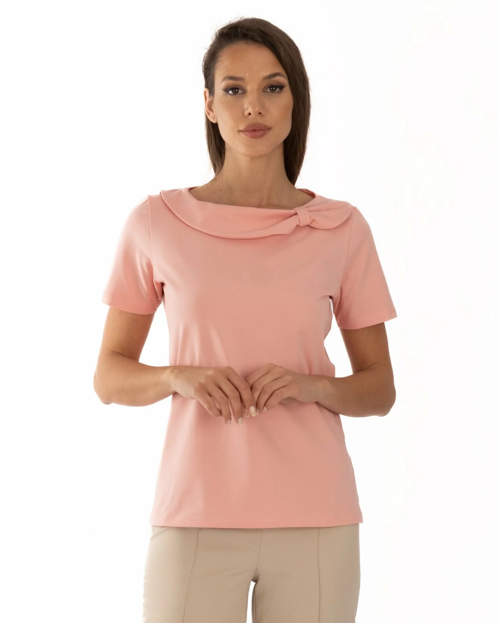 Tricou damă elegant cu guler drapat – bumbac cu lycra | Knox