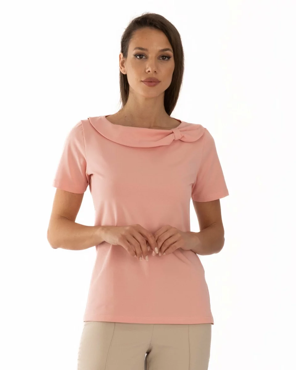 Tricou damă elegant cu guler drapat – bumbac cu lycra | Knox