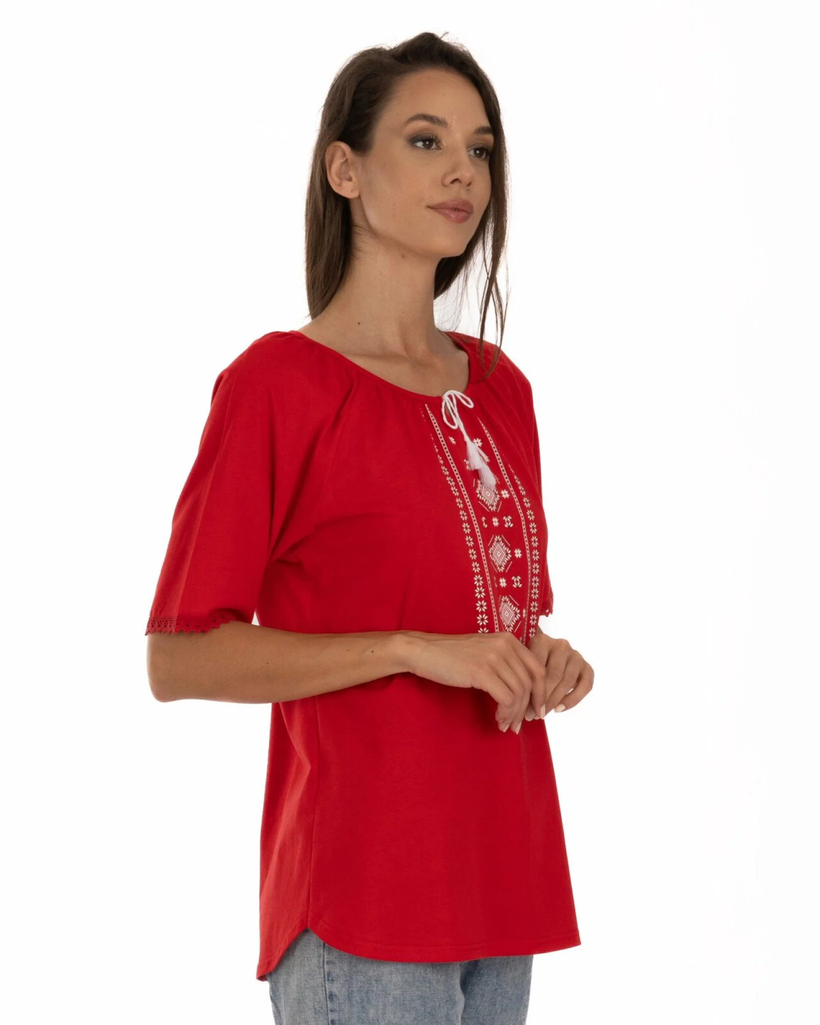 Tricou roșu bumbac cu imprimeu tradițional