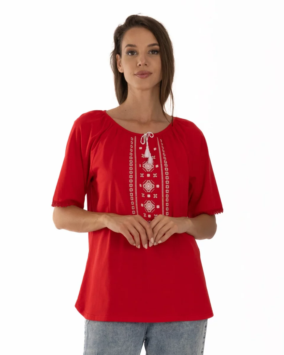 Tricou roșu bumbac cu imprimeu tradițional