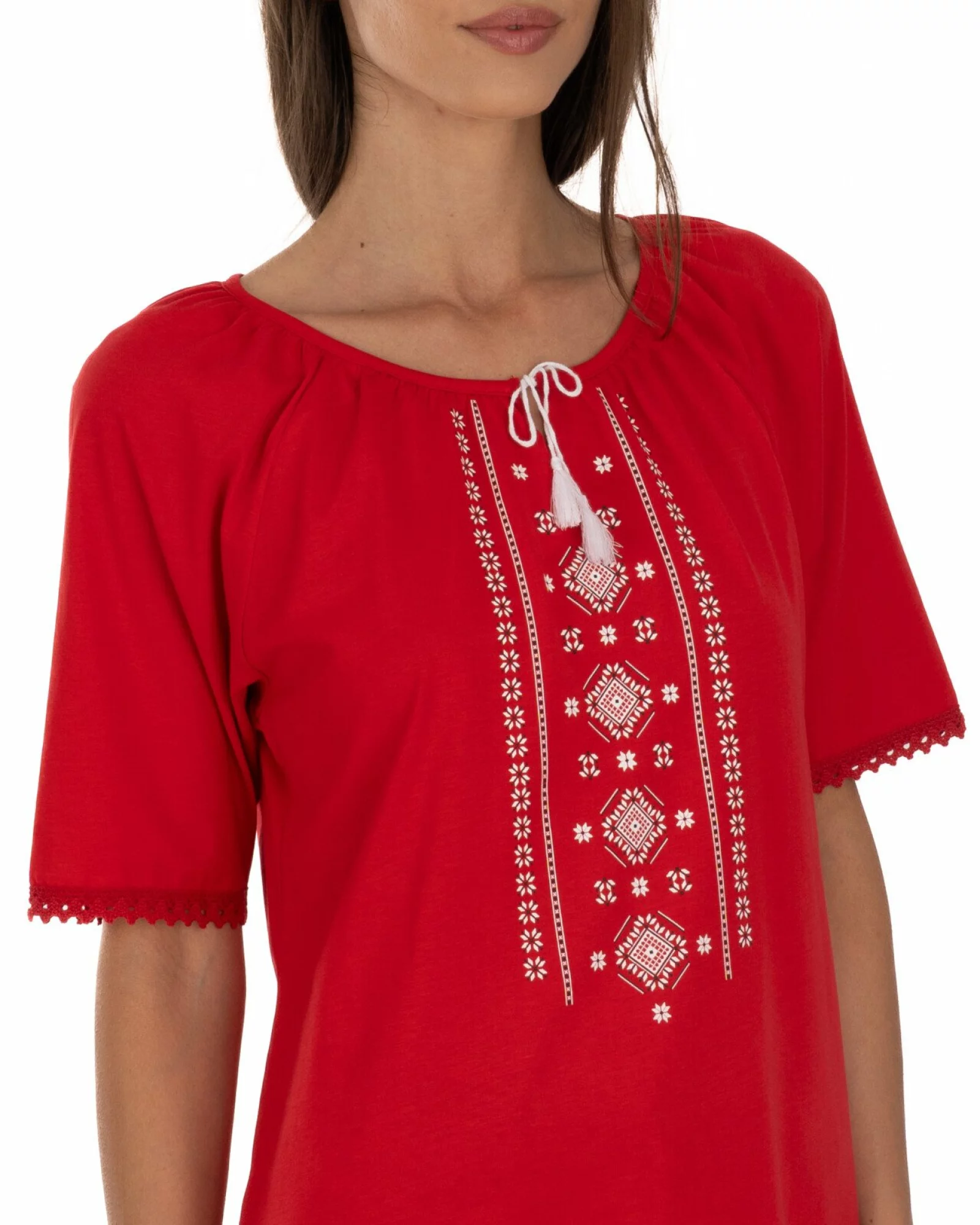 Tricou roșu bumbac cu imprimeu tradițional