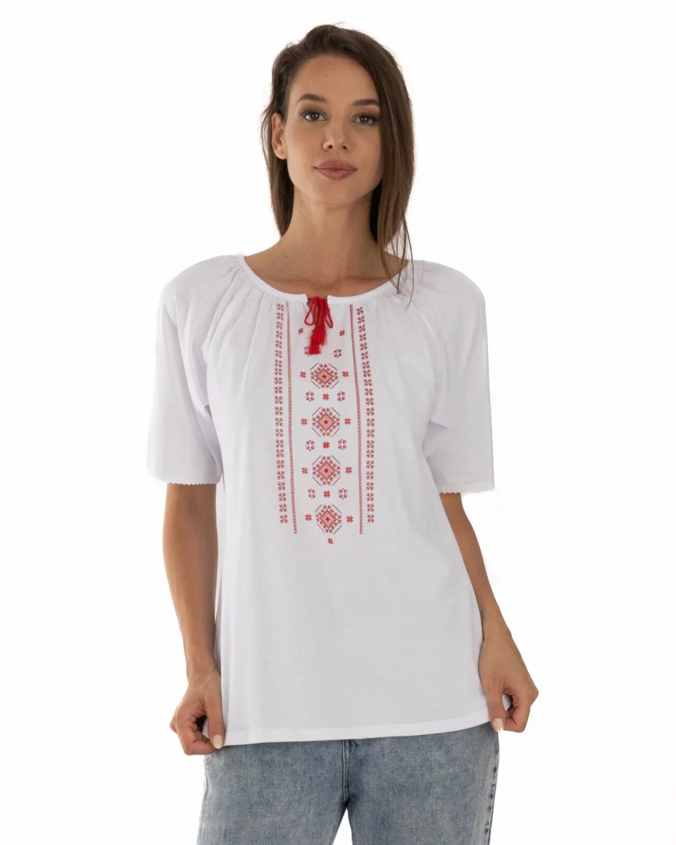 Tricou alb bumbac cu imprimeu tradițional