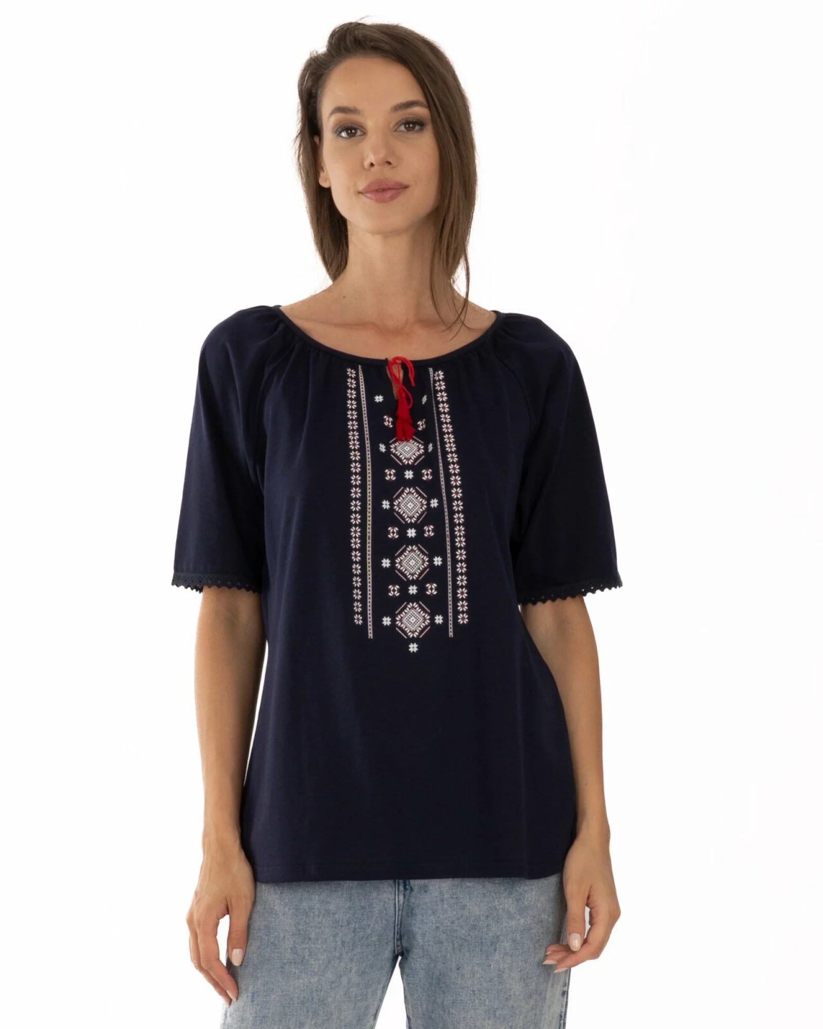 Tricou bleumarin bumbac cu imprimeu tradițional