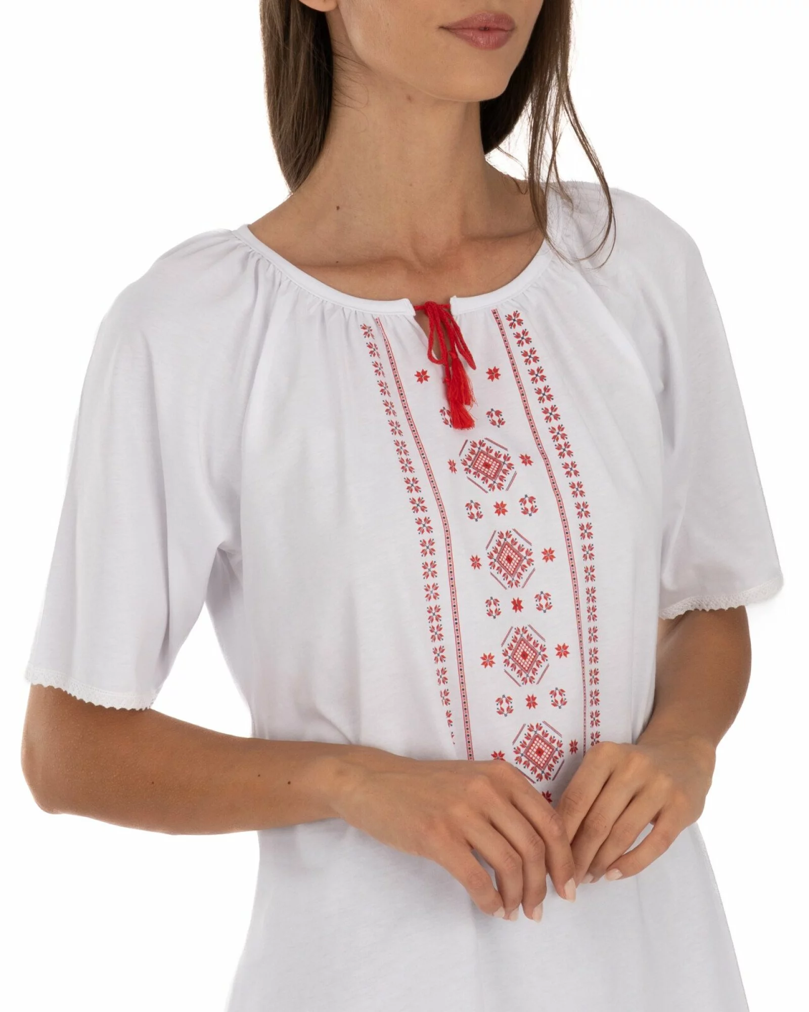 Tricou alb bumbac cu imprimeu tradițional