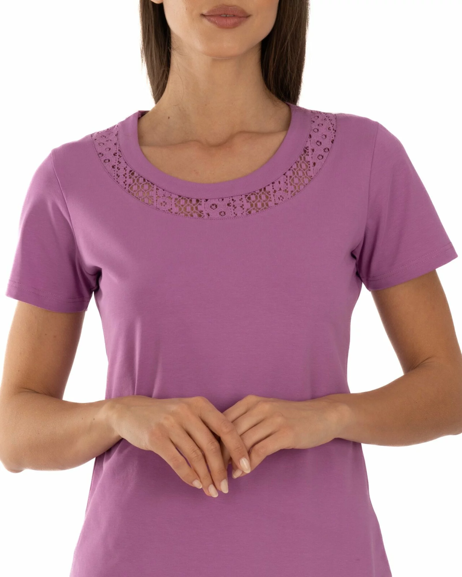 Tricou roz bumbac elastan cu dantelă la decolteu