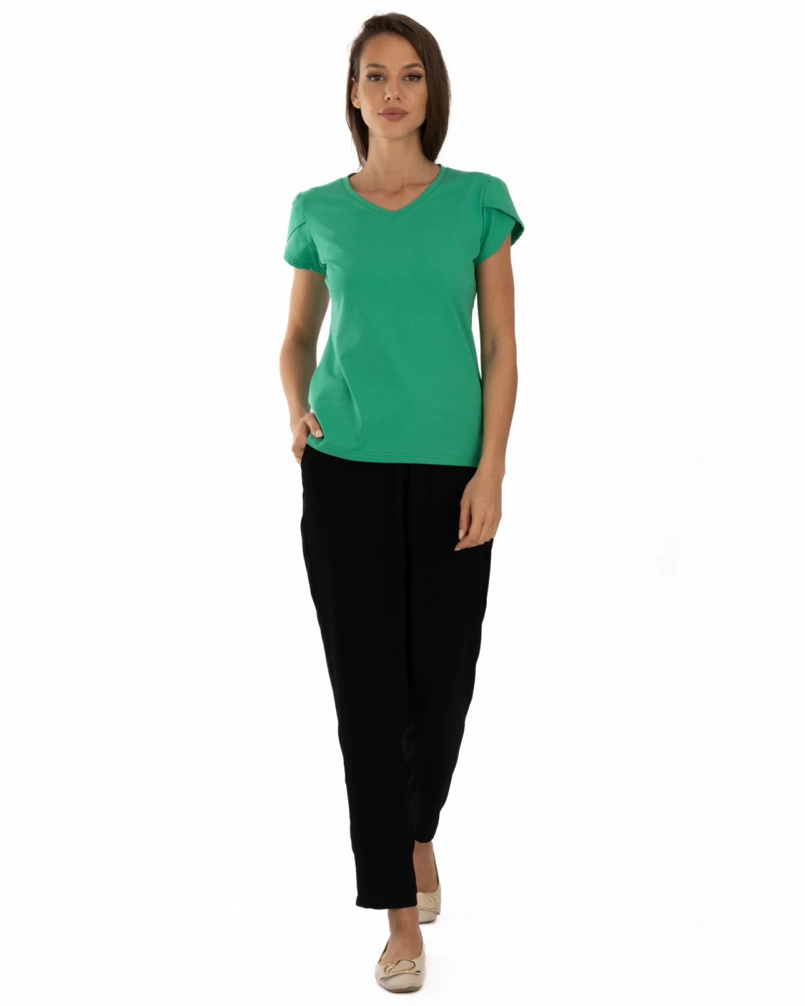 Tricou verde bumbac elastan cu mânecă suprapusă