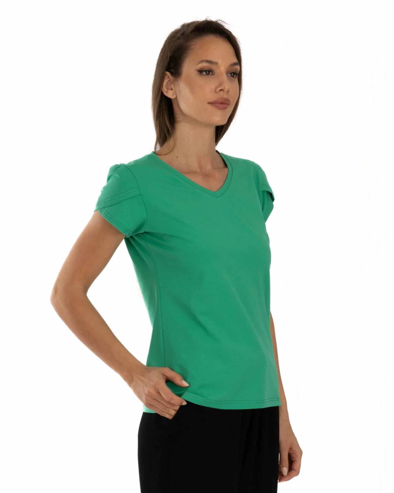 Tricou verde bumbac elastan cu mânecă suprapusă