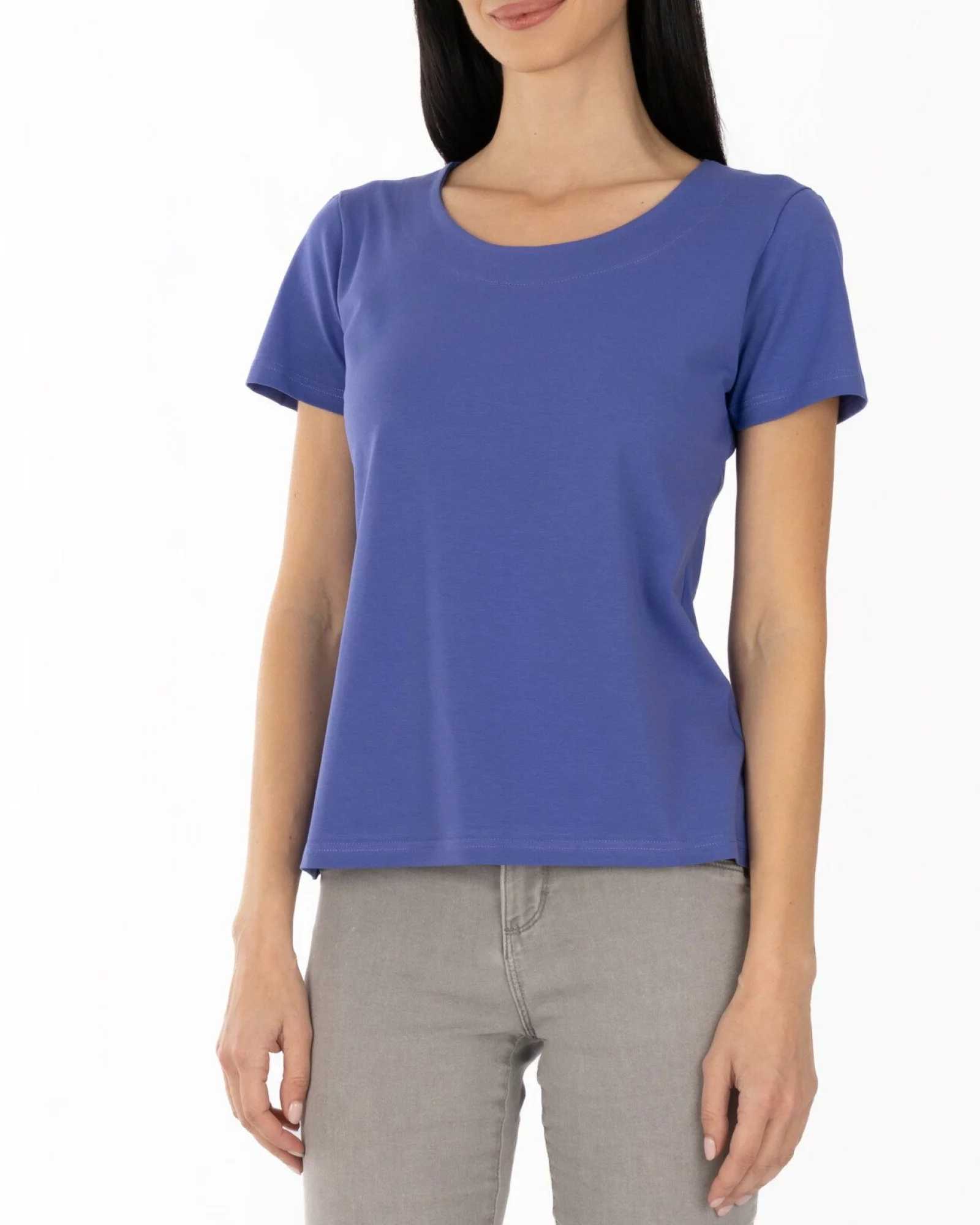 Tricou albastru din bumbac elastan cu decolteu conturat