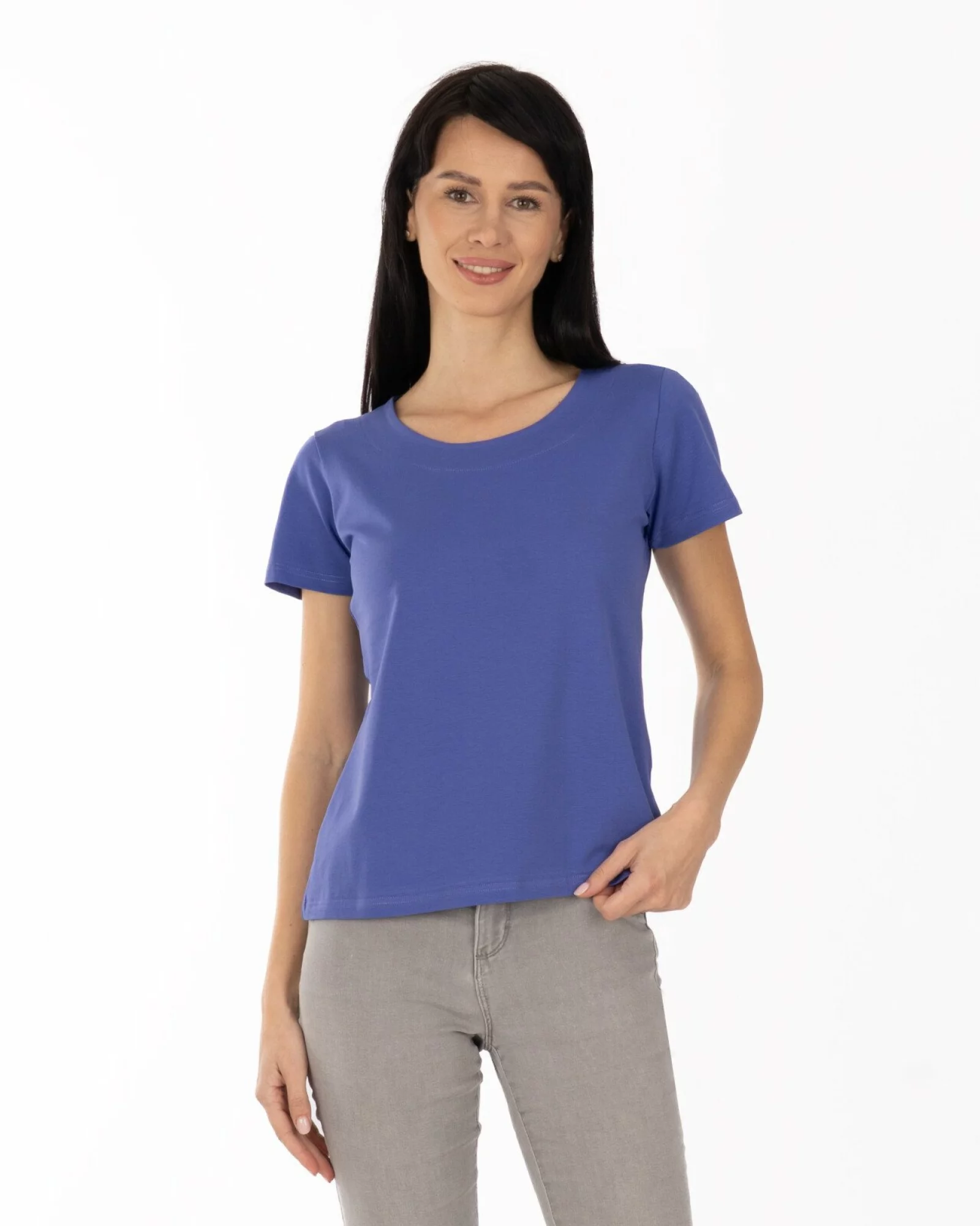 Tricou albastru din bumbac elastan cu decolteu conturat