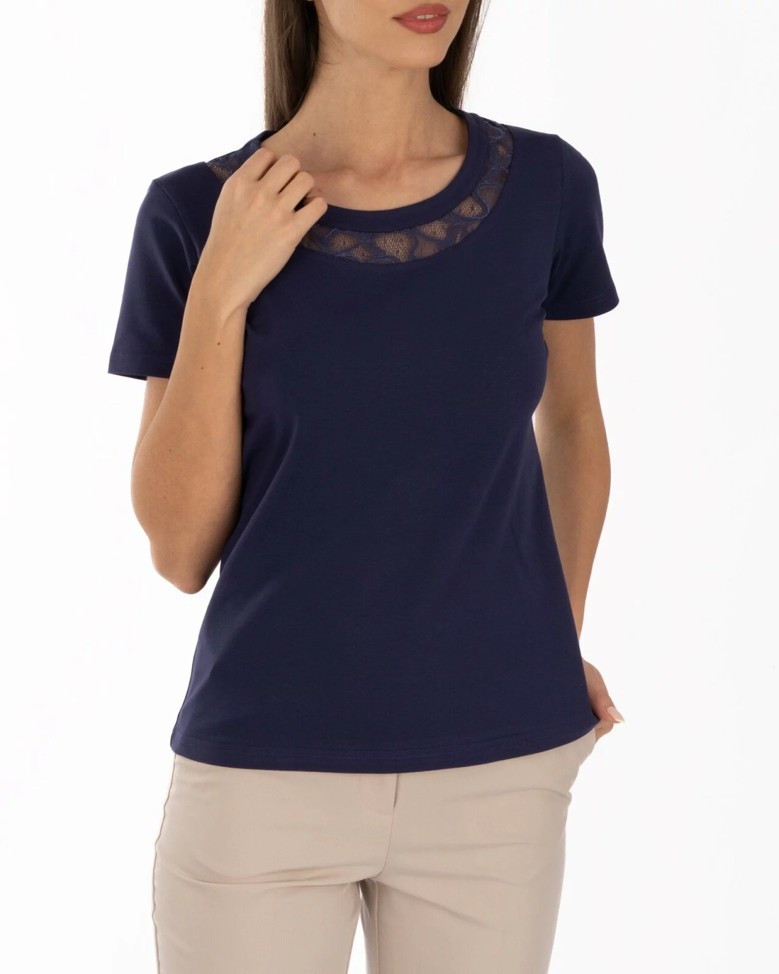 Tricou bleumarin bumbac elastan cu dantelă la decolteu