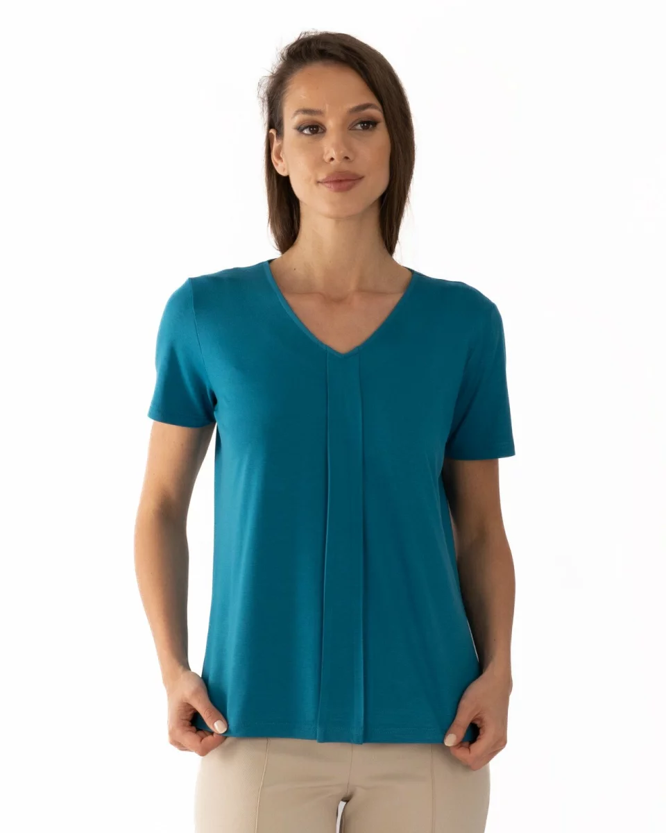 Tricou damă cu decolteu în V și pliu frontal, croi lejer