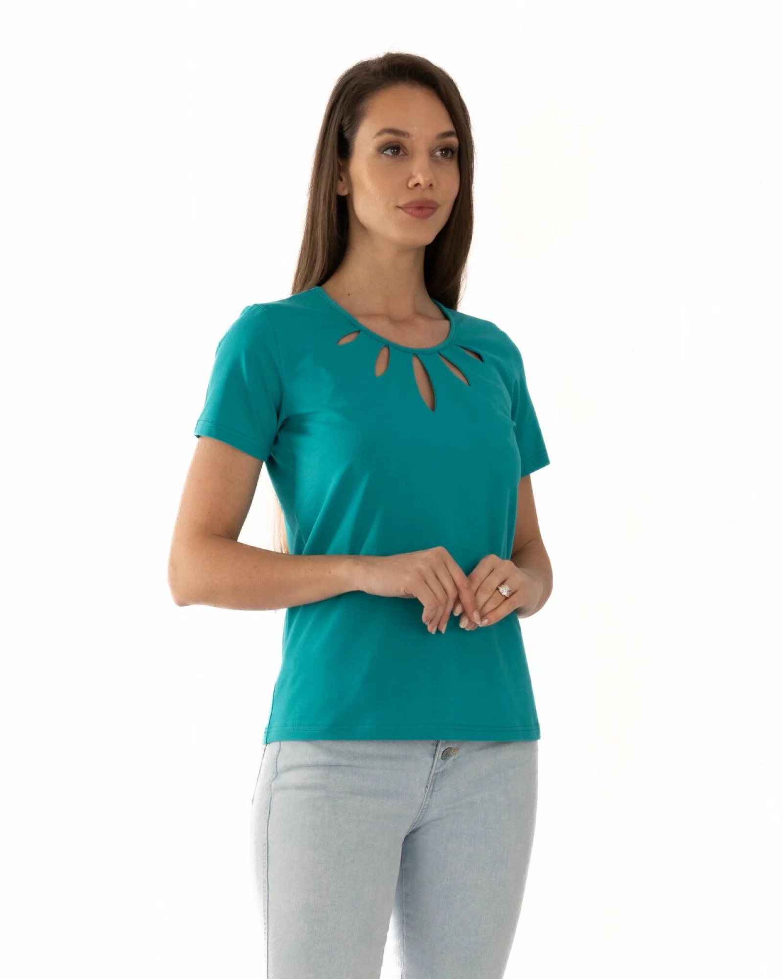 Tricou turcoaz bumbac elastan cu decupaj la decolteu