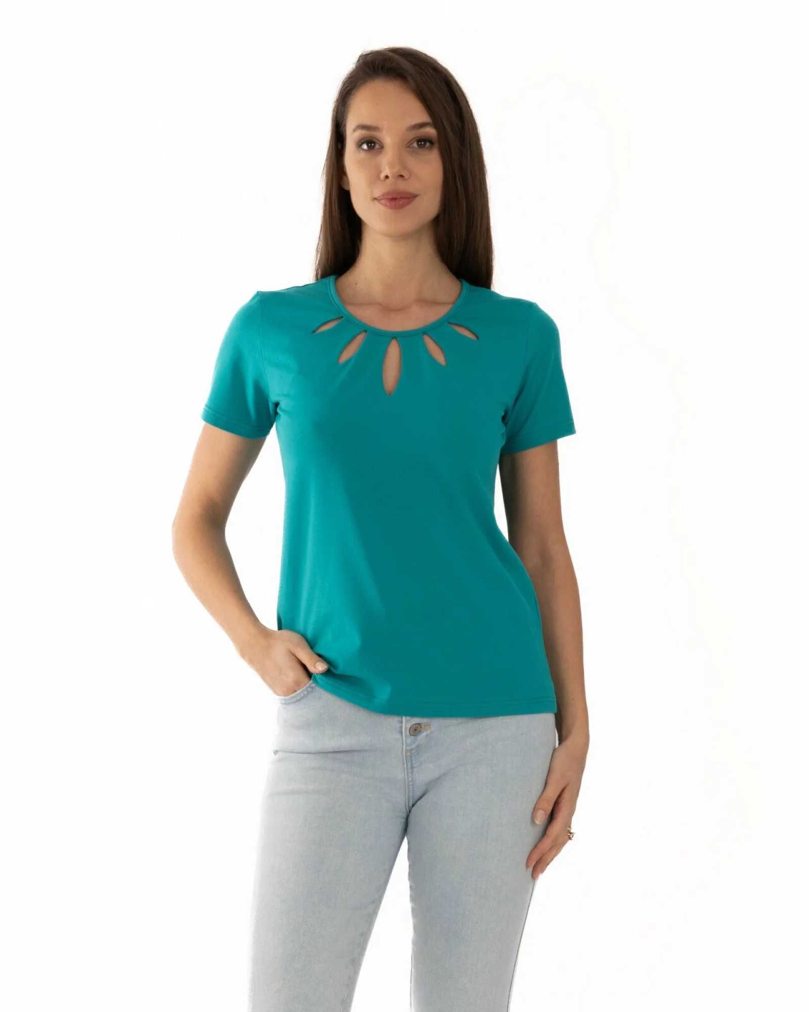 Tricou turcoaz bumbac elastan cu decupaj la decolteu