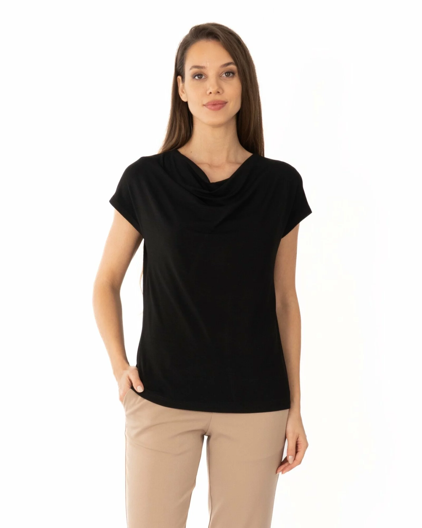 Tricou damă cu guler drapat, croi lejer